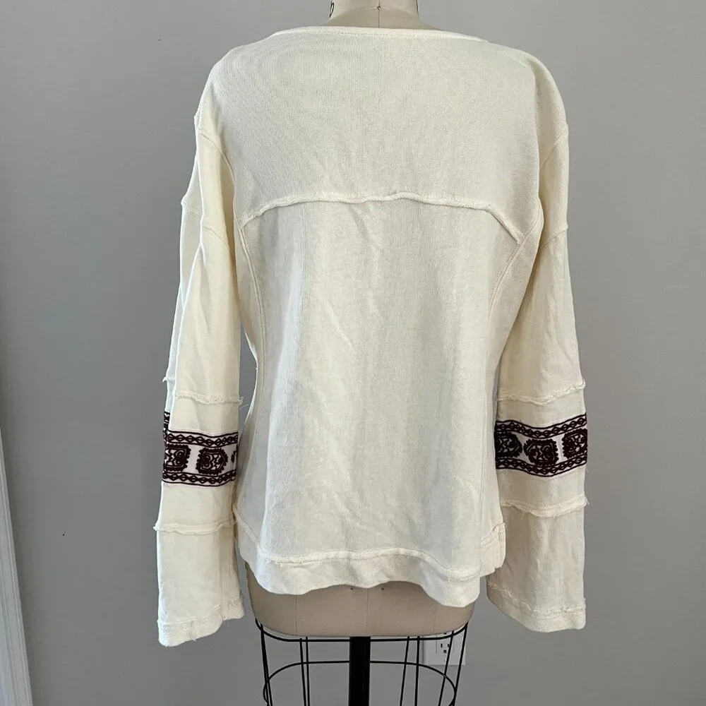 Free People Santa Maria Boho Chic Top Cream Embroidered Long Sleeve Peasant S